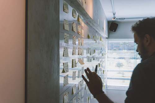 crossword puzzle male putting sticky notes on wall game